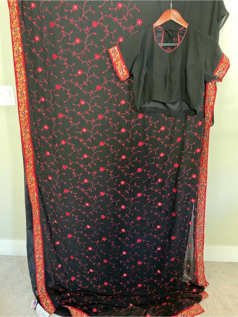 Black Saree with Red Floral Embroidery and Contrasting Border